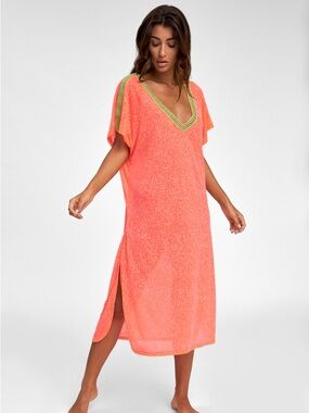 Pitusa Neon Watermelon Inca Boho V-Neck Swim Coverup with Green Trim